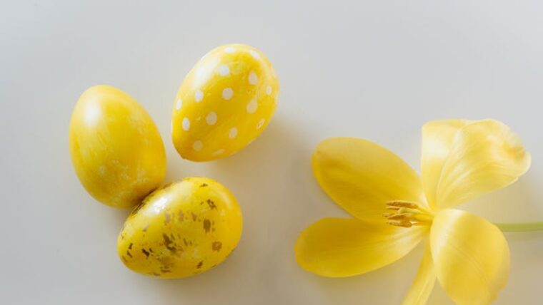 Cheerful yellow Easter eggs and flower with Happy Easter tag on a white backdrop.