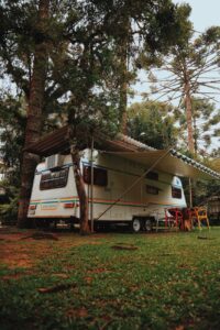 white rv vehicle near tall tree